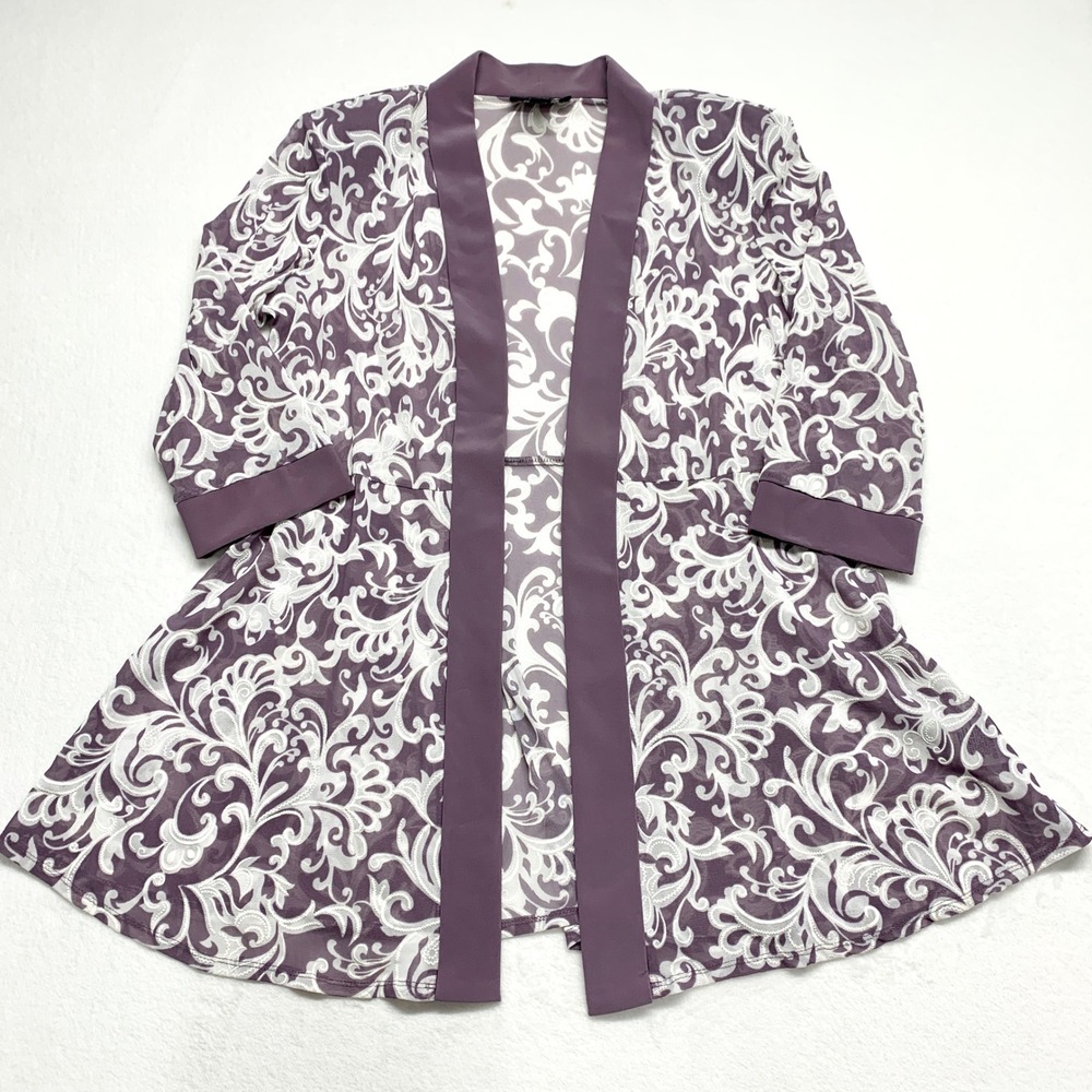 R&M Richards Damask Mesh Open Front Jacket Womens Sz 16 Purple Sheer Scroll Poly